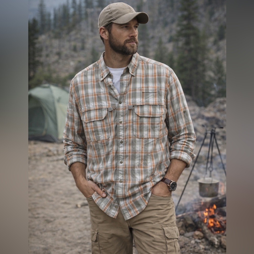 LL Bean Mens Small Vented Back Button Shirt Hiking Outdoor